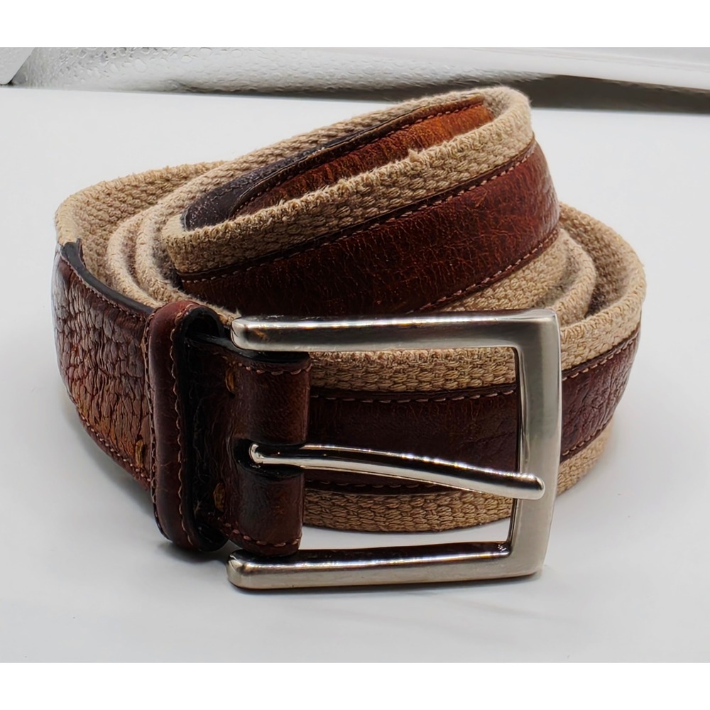 Dockers Mens 46" Belt Brown Leather Tan Canvas Webbing Solid Brass Buckle